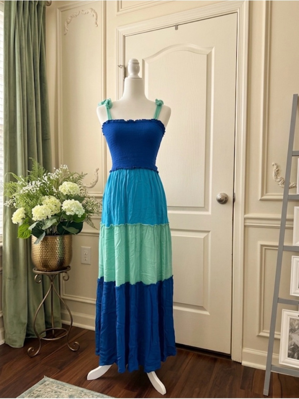 BeBop Blue & Aqua Tiered Smocked Maxi Dress